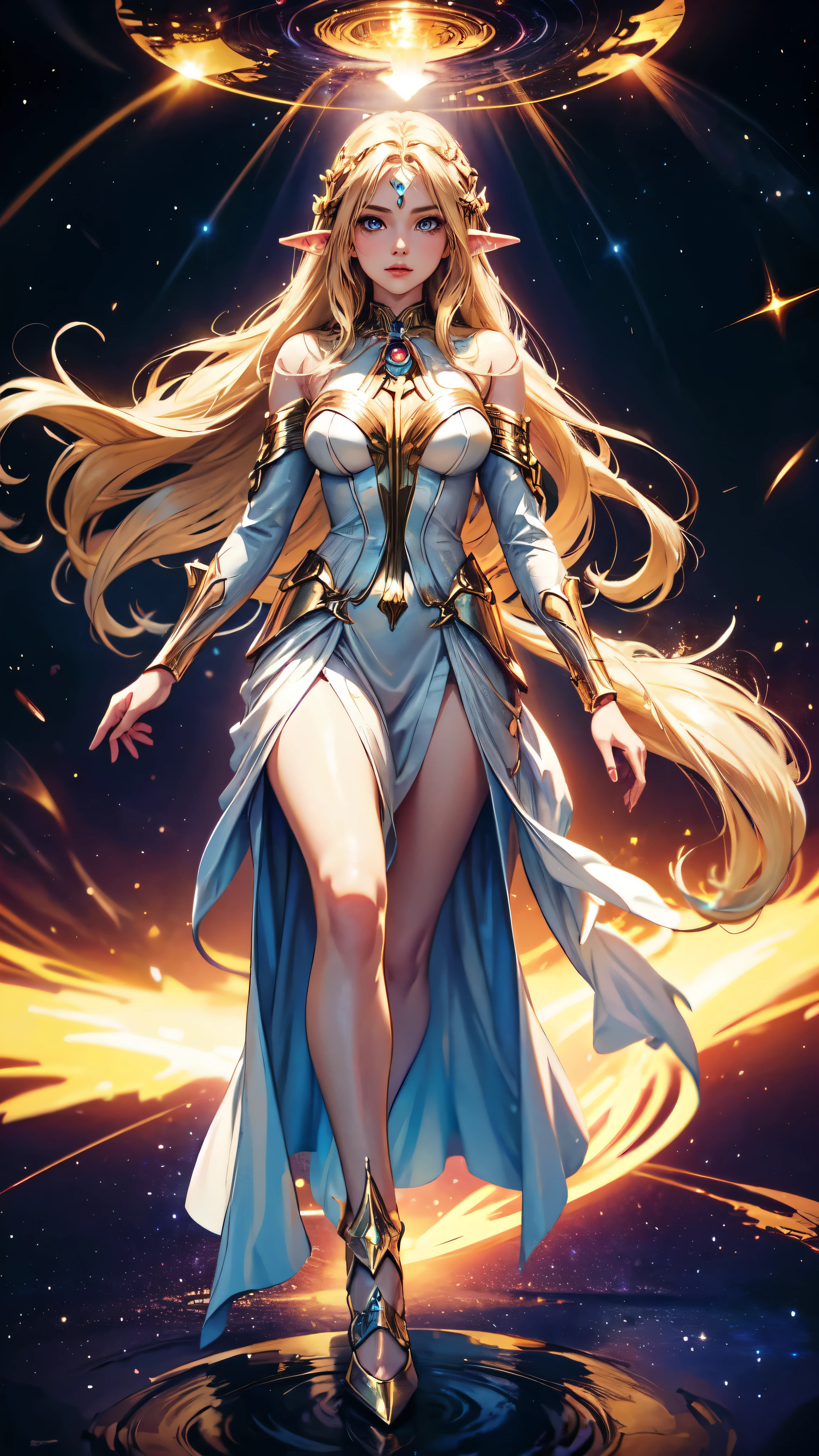 A woman with long hair and a flowing dress stands in the darkness, Blonde girl in cosmic dress, Amazing young ethereal figure, cosmic goddess, Astral appearance, galaxy goddess, Space Girl, Astral Fairy, Divine cosmic feminine power, Cosmic hair anime girl, goddess of space and time, Channeling rotational energy, A glowing halo surrounds her，Light，cleanness，Reflective，refractions，Ray traching，super-fine，Hyper-realistic，best quality,elf woman, detailed yees, detailed hands, detailed face, full body,
