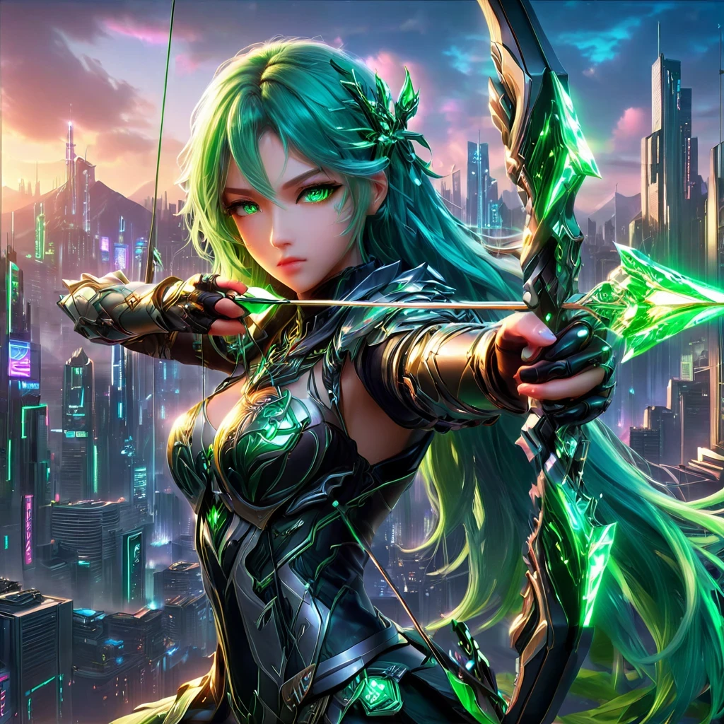 An anime girl with flowing emerald green hair，She&#39;s dressed in sleek black mech gear，In the background of the futuristic cyberpunk city。She was armed with a bow and arrow，A determined expression，Surrounded by neon lights、Cityscape with vivid colors and dramatic lighting，The overall style is full of charm and energy。
(cyberpunk:1.3) (mecha aesthetic:1.2) (anime girl:1.4), (flowing emerald green hair:1.2), (sleek black mecha armor:1.2), (futuristic cyberpunk cityscape:1.3), (high-angle shot:1.2), (gripping bow and arrow:1.3), (determined expression:1.2), (neon lights:1.3), (vivid colors:1.2), (dramatic lighting:1.2), (Konachan-style:1.1), (4K wallpaper:1.2), (captivating energy:1.2)