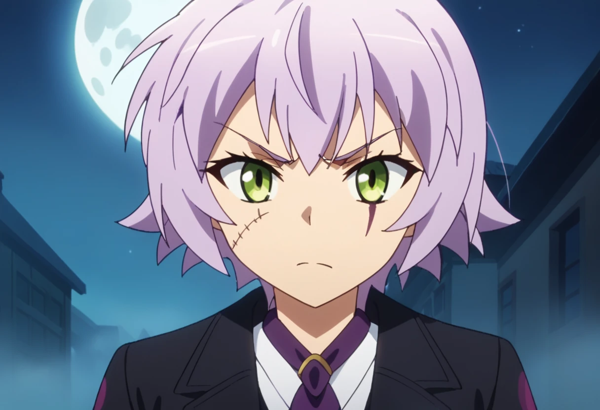 score_9, score_8_up, score_7_up, source_anime, anime screencap,
 JackTheRipperFA,
1girl, closed mouth, angry,
lavender hair, short hair, scar,
, black jacket, open jacket, white shirt, purple necktie, pleated skirt, black skirt,
looking at the viewer,
outdoors, night, moon, fog