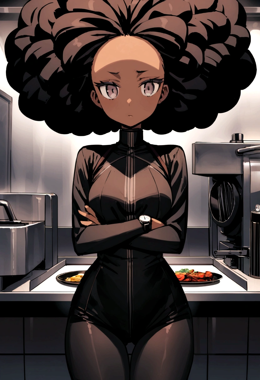 Beautiful dark light-skinned woman with a long kinky afro hairstyle, Front photo of the influencer looking left with her hands crossed and bent in front of her, Almost no emotion. Watch directly on camera. Arms are crossed in the front round rib cage,Leggings unis noir, Adjustment
In its manufacturing office (with a hot press). dans restaurant