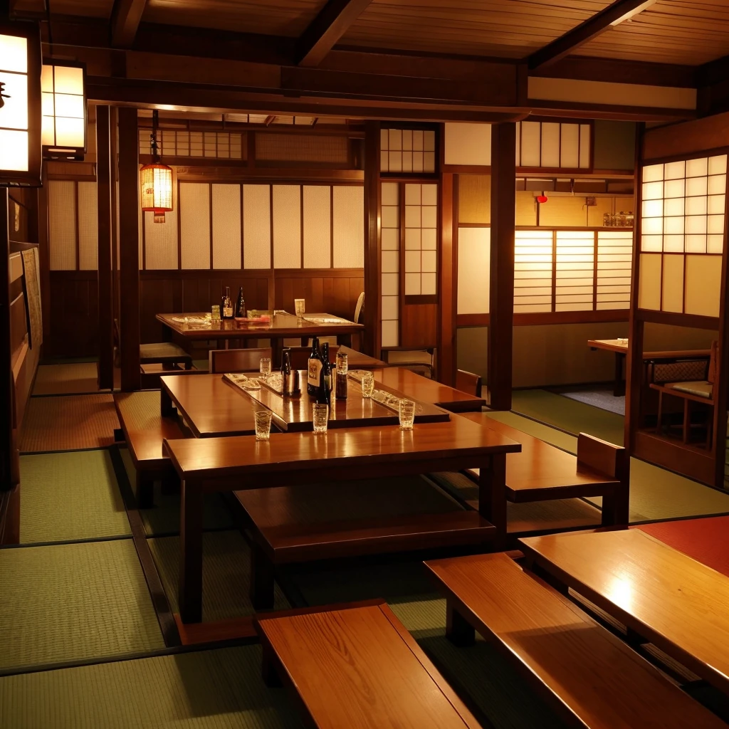 banquet, low table, Japanese-style room, busy, beer bottle, Izakaya