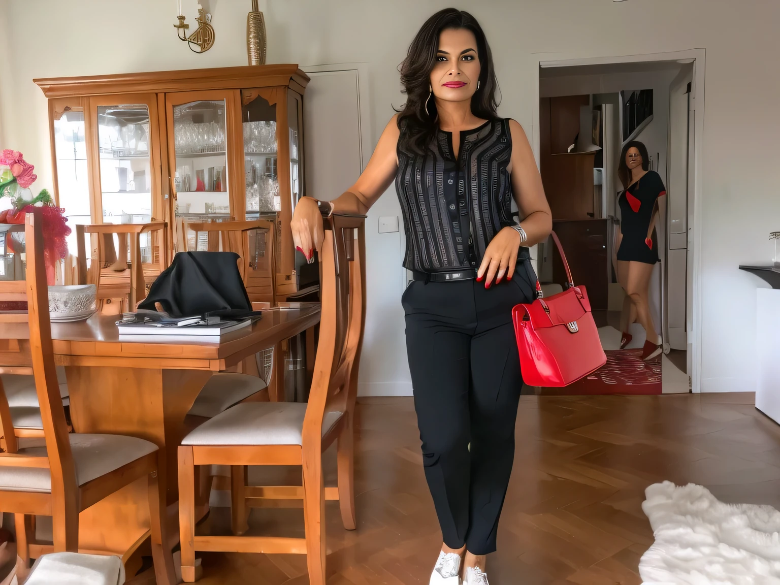 woman standing in a living room with a red purse and a red purse, she is about 40 years old, 38 years woman, she is about 40 years old, she is about 40 years old, 38 year brazilian mother, 38-year-old woman from Brazil, in sao paulo, wearing black camisole outfit, 45 yo