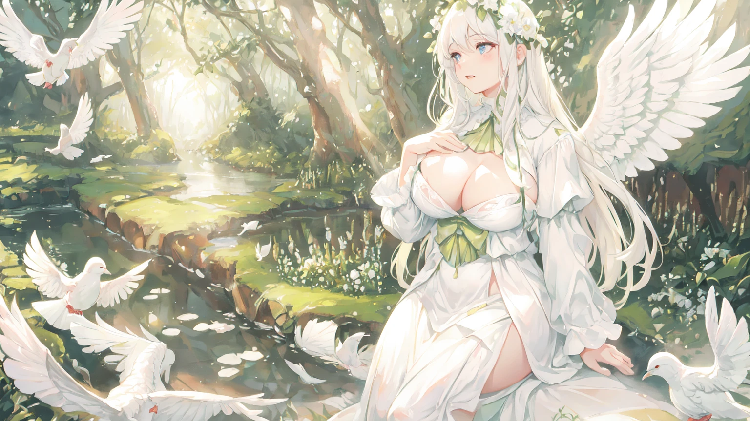 a 29 years old beautiful woman with long white hair, european face ,beautifull wings, big tits, white angelic wings, praying, surrounded by white doves, serene and peaceful expression, ethereal and heavenly, 4k, high quality, intricate details, photorealistic, dramatic lighting, vibrant colors, beautifull scenerie, beautifull light, a peaceful garden, lush greenery, blooming flowers, serene atmosphere, warm sunlight, calming pond, tranquil landscape, beautiful scenery, natural environment, idyllic setting, (best quality,4k,8k,highres,masterpiece:1.2),ultra-detailed,(realistic,photorealistic,photo-realistic:1.37),landscape,vibrant colors,soft lighting,natural lighting, wonderfull woman,huge tits, dove, white clothes