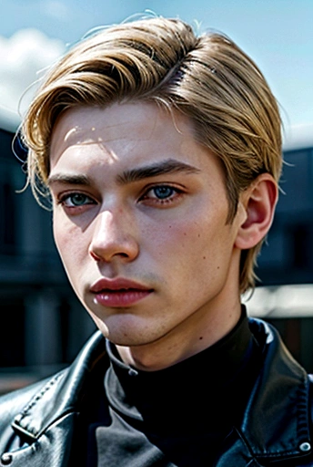 fot, masculine perfection, strong chin, fleshy lips, roman nose, Short blonde hair, hazel eyes, hyperrealisti, 8k-v4 . Modern fashion haute couture futuristic fashion. Modern black clothing