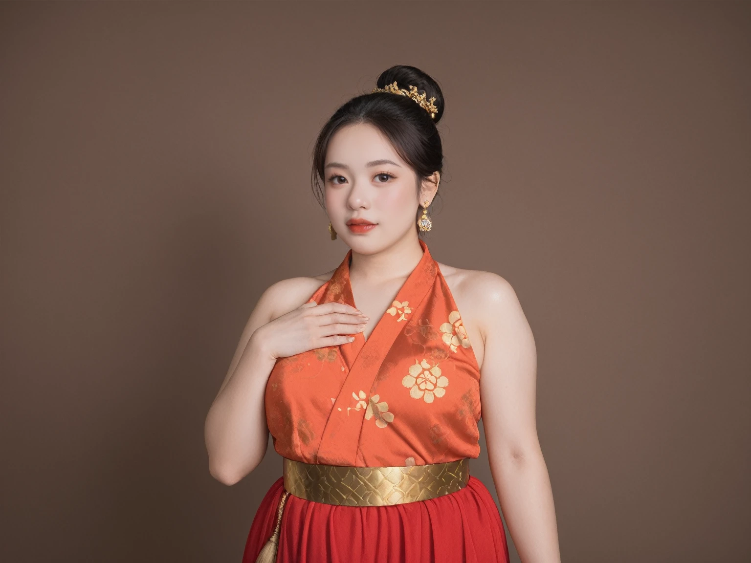 realistic,score_9, score_8_up, score_7_up, BREAK,
The image now portrays a woman with a more chubby appearance, wearing traditional Chinese attire. Her hair is styled in a classic bun, adorned with golden hair accessories and earrings. She wears a red dress with golden patterns, complemented by a yellow belt around her waist. The lighting is dimmer, suggesting an indoor setting, which adds a mysterious and intimate atmosphere to the scene. Her eyes are fixed on the camera, and her hands are placed on her chest. The dim lighting accentuates her chubby features and the rich details of her traditional costume, creating a warm and inviting ambiance. The golden patterns on her dress could represent specific symbols or motifs related to her status or the event's theme. The yellow belt adds a touch of elegance and serves as a striking contrast to the red and gold. Her confident gaze towards the camera conveys a sense of pride and a message she wishes to convey. The brown background serves to highlight the woman's figure and the rich details of her traditional costume, adding depth and texture to the image.