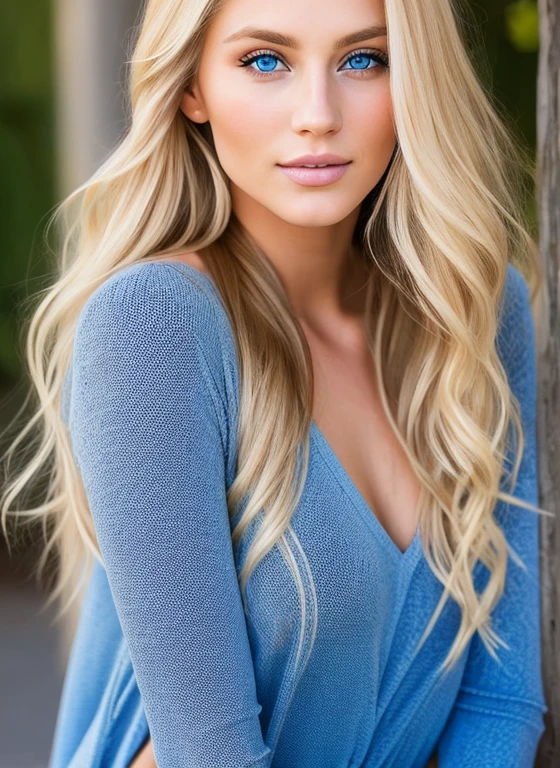 Realistic Stunningly beautiful 25 year old Swedish super model with long blond hair, beautiful blue eyes and a perfect body from head to toe, she is amazingly beautiful, she radiates pure beauty, her blue eyes are hypnotic Photorealistic, superior detail, beautiful curves, beautiful blonde hair, elegant style hyper realistic