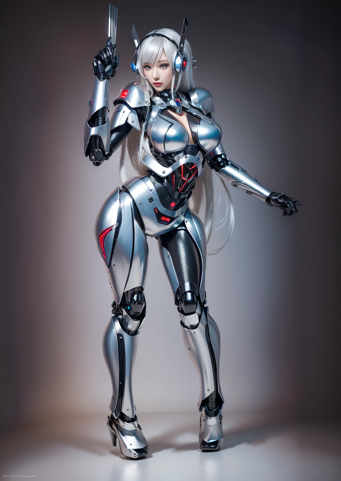 Super Detail, High Detail, high quality, best quality, High resolution,1 female robot,Beautiful female robot,beautiful clear face(Rain waves_haneame:1.5), Realistic, High resolution, Soft Light,Hips up, (Detailed face), silver hair, long hair, Mecha Maiden, Colorful mechanical parts, mechanical joint, Thick mechanical armor,Weaponry, All metal body, Technology Antenna Hair Accessories