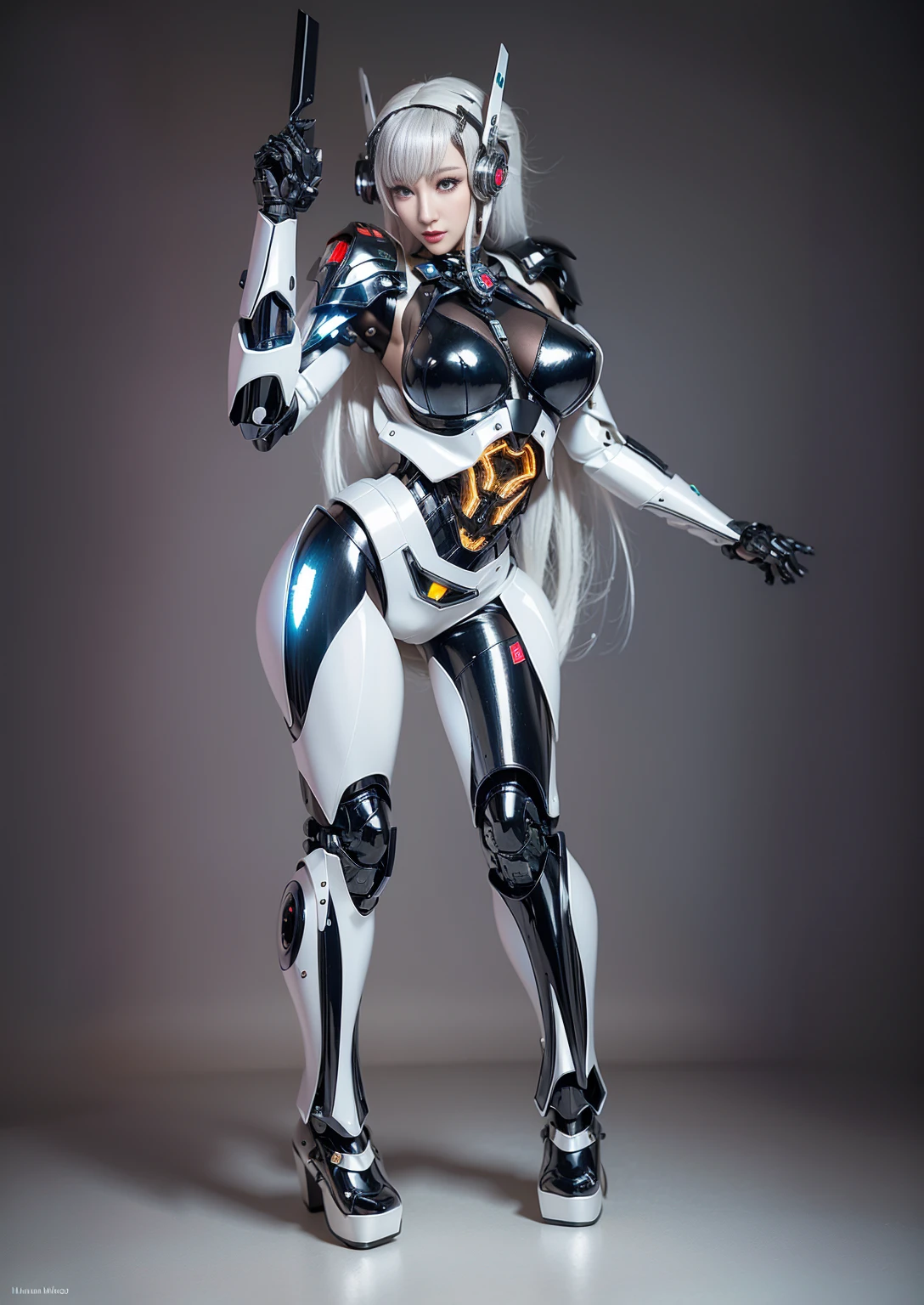 Super Detail, High Detail, high quality, best quality, High resolution,1 female robot,Beautiful female robot,beautiful clear face(Rain waves_haneame:1.5), Realistic, High resolution, Soft Light,Hips up, (Detailed face), silver hair, long hair, Mecha Maiden, Colorful mechanical parts, mechanical joint, Thick mechanical armor,Weaponry, All metal body, Technology Antenna Hair Accessories