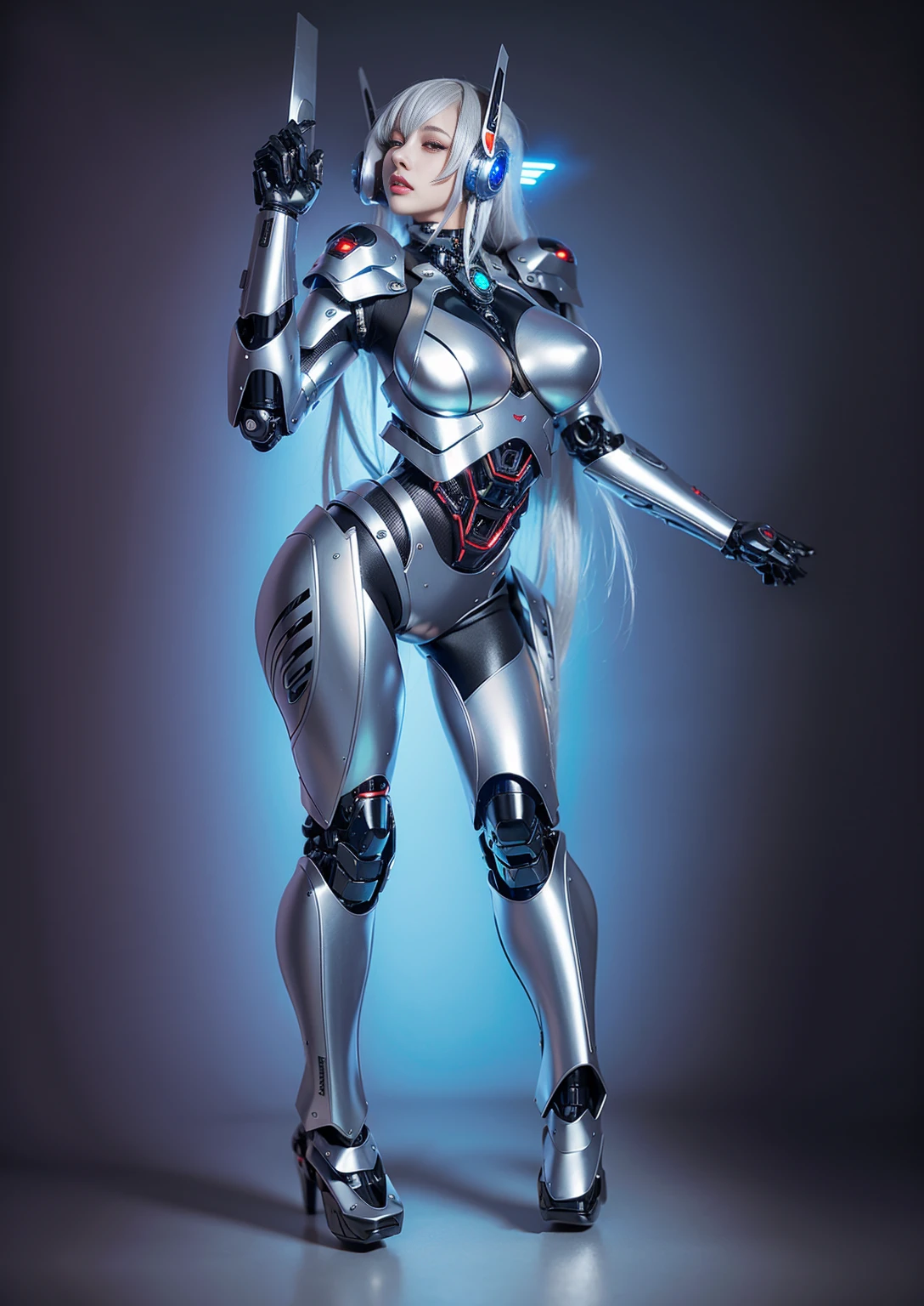 Super Detail, High Detail, high quality, best quality, High resolution，1 female robot，Beautiful female robot,beautiful clear face(Rain waves_haneame：1.5)， Realistic, High resolution, Soft Light,Hips up, (Detailed face), silver hair, long hair, Mecha Maiden, Colorful mechanical parts, mechanical joint, Thick mechanical armor,Weaponry, All metal body, Technology Antenna Hair Accessories