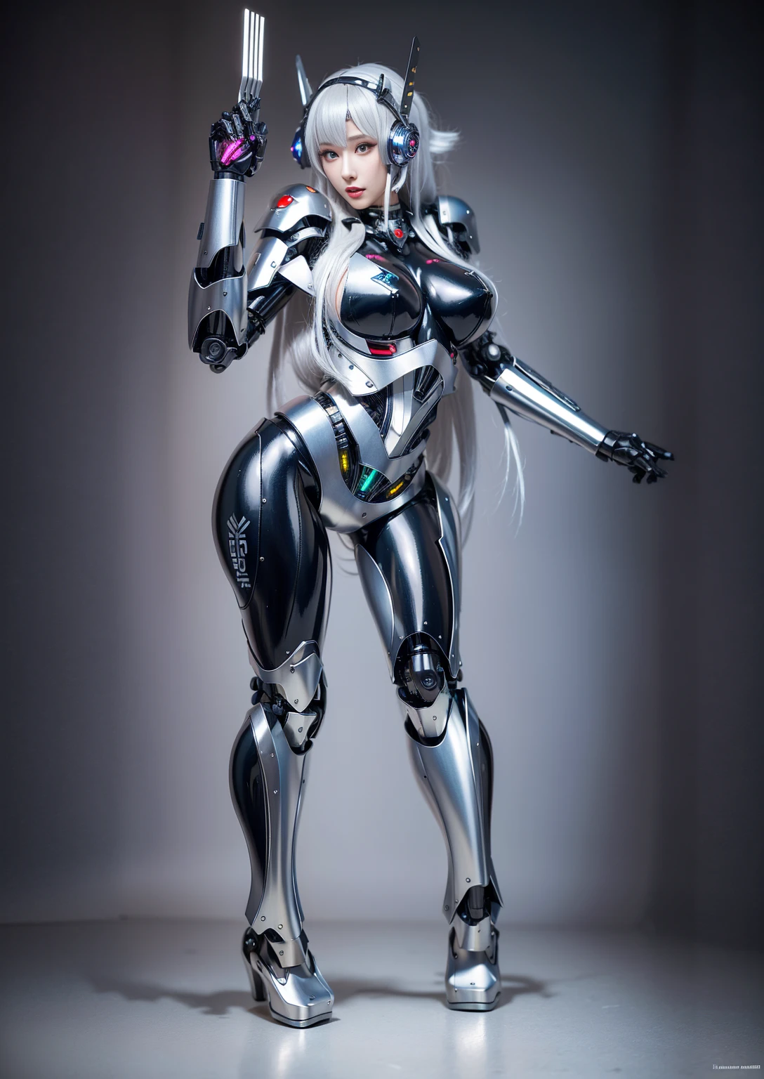 Super Detail, High Detail, high quality, best quality, High resolution，1 female robot，Beautiful female robot,beautiful clear face(Rain waves_haneame：1.5)， Realistic, High resolution, Soft Light,Hips up, (Detailed face), silver hair, long hair, Mecha Maiden, Colorful mechanical parts, mechanical joint, Thick mechanical armor,Weaponry, All metal body, Technology Antenna Hair Accessories