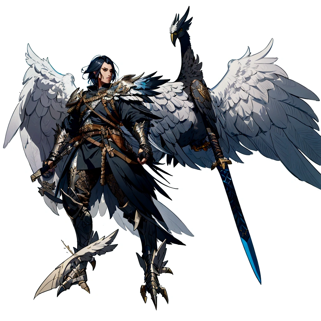 a close up of a person with a sword and a bird, black aarakocra eagle warlord, from pathfinder, gryphon, with large wings, armor angle with wing, as a badass monster hunter, in monster hunter armor, official character art, jrpg character art, anthropomorphic raven knight, avian warrior, ( ( character concept art ) )