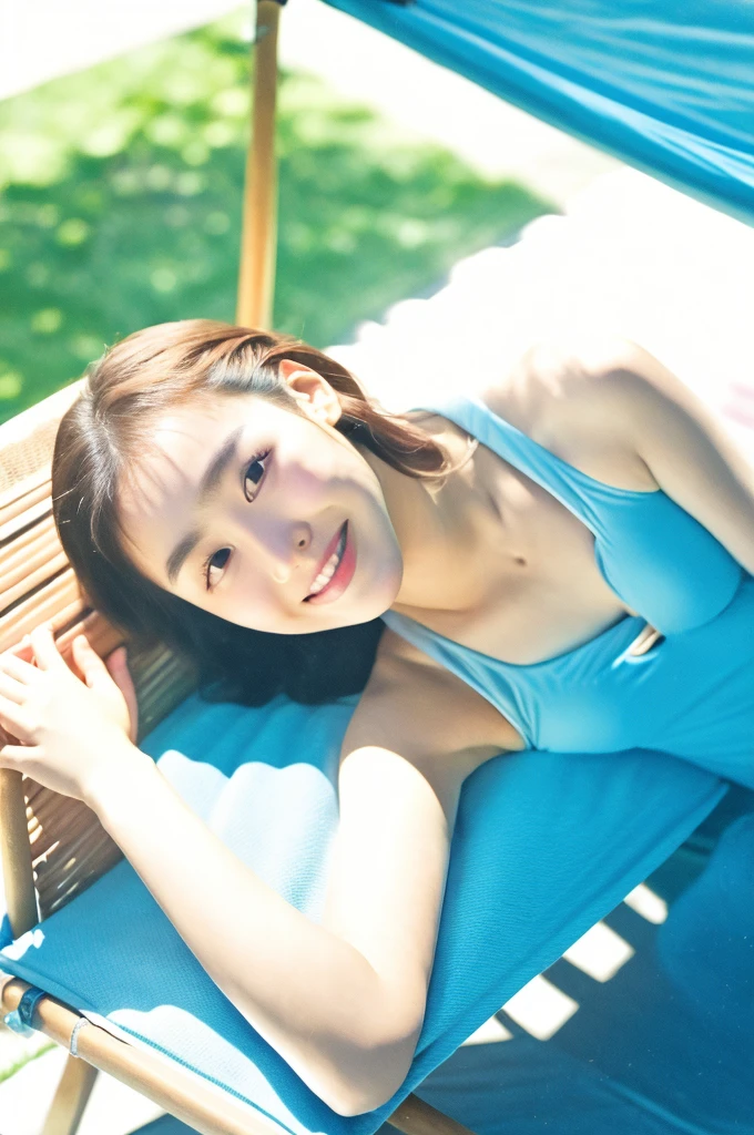 1girl, detailed face, perfect face, korean, sexy one-piece swimsuit, full body, lying on a deckchair, smile, best quality, masterpiece, detailed, photorealistic, hyper detailed, ultra high definition, 8k, studio lighting, physically-based rendering, vivid colors, natural lighting, extremly detailed face, extremly detailed skin texture