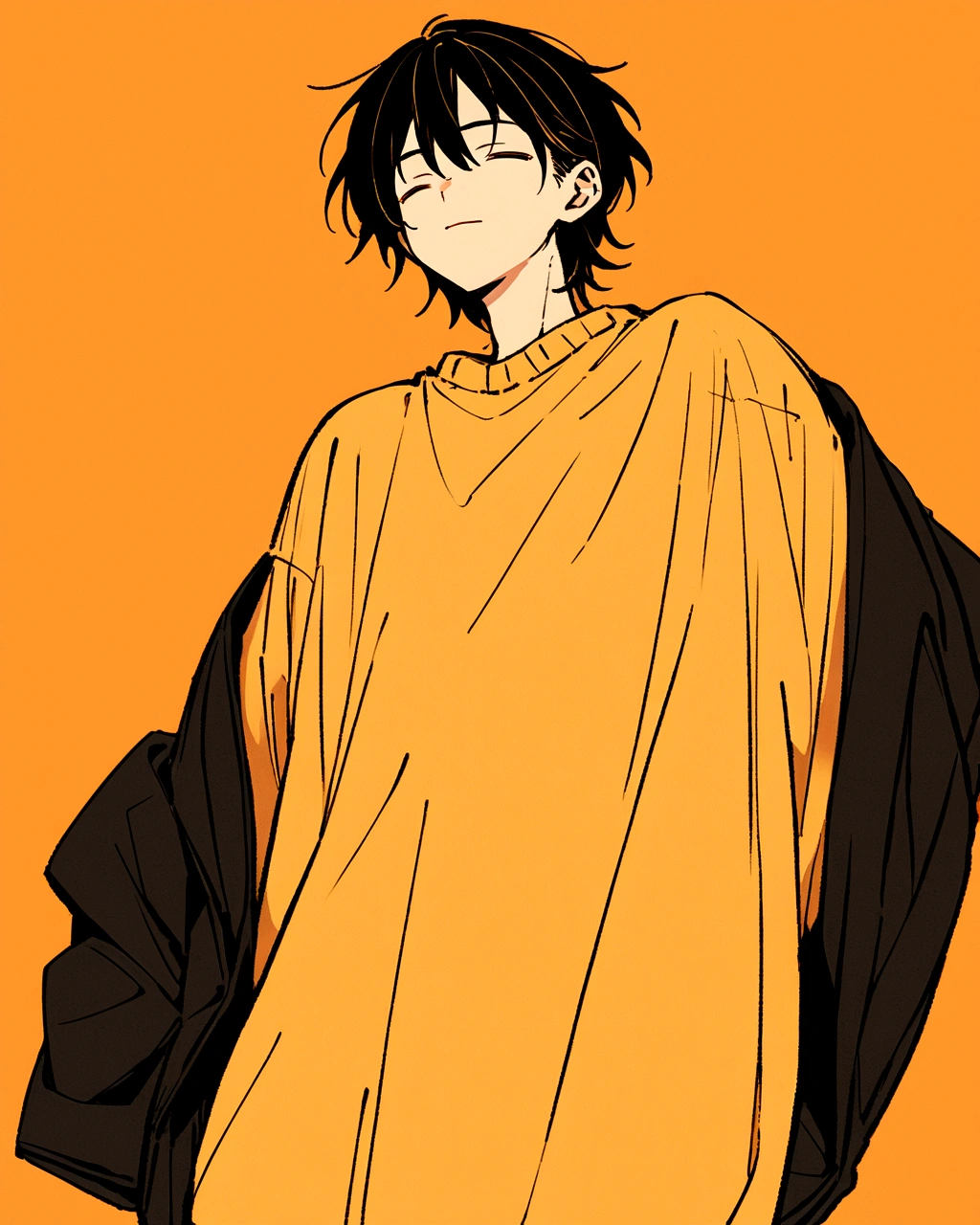 Create an illustration of a solo boy's character standing in a relaxed pose against a solid orange background. The character should wear oversized clothes: a yellow sweater paired with black pants. They should have black shoes, and their expression should convey a sense of calm or contentment.