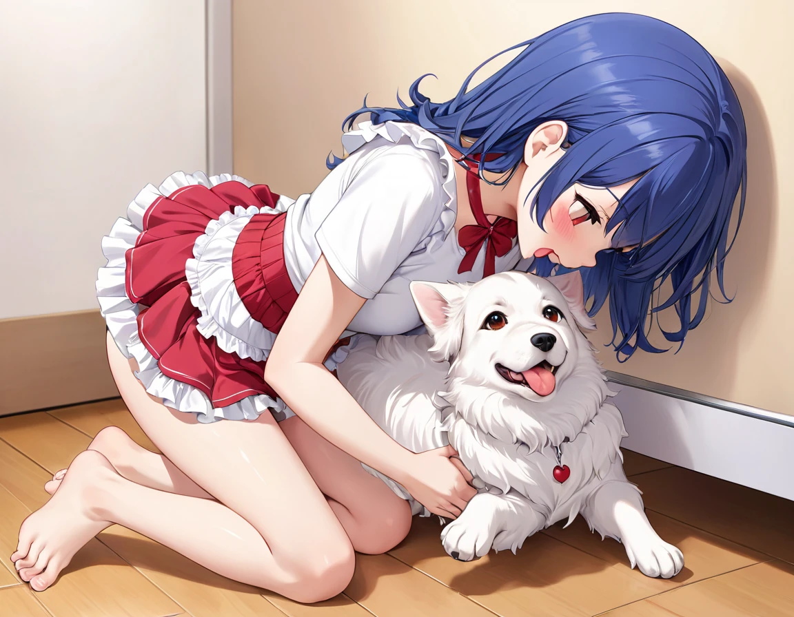 Plain white with emphasis on the chestTshirt、You can see the chest from the neck、Ultramarine and white striped mini skirt、When you lift up her skirt you can see her cute pink frilly underwear...、fluffy, White frilly flared skirt、When she lifted her skirt, She found some cute red frilly underwear、barefoot、Dog licks girl's crotch