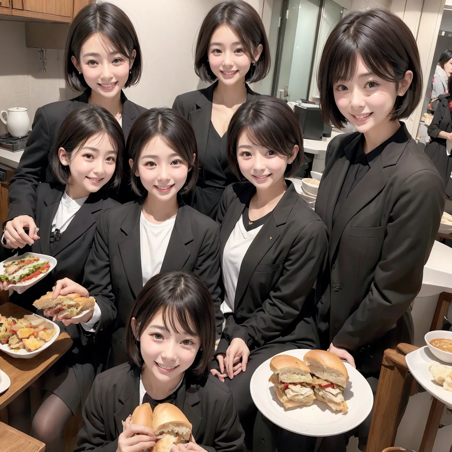Big family eating sandwiches 、Short black hair、Black jacket、Black slacks、、Coffee with lots of ice