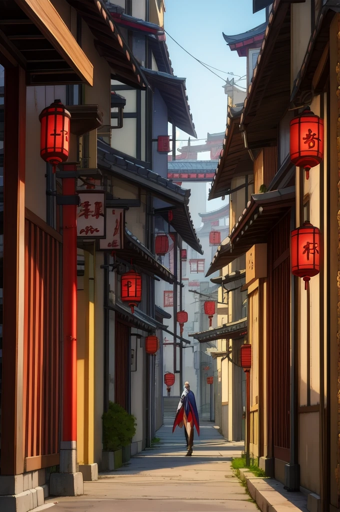 anime - style scene of a street with a man in a cape, Fantasy of Tsushima, traditional japanese conceptual art, city China de ensueño, antigua city China, world of ax and blood, cyberpunk chinese temple, Concept art with 4k resolution., city China, arte conceptual 4k, arte conceptual 4k, conceptual art, concept art awesome atmosphere