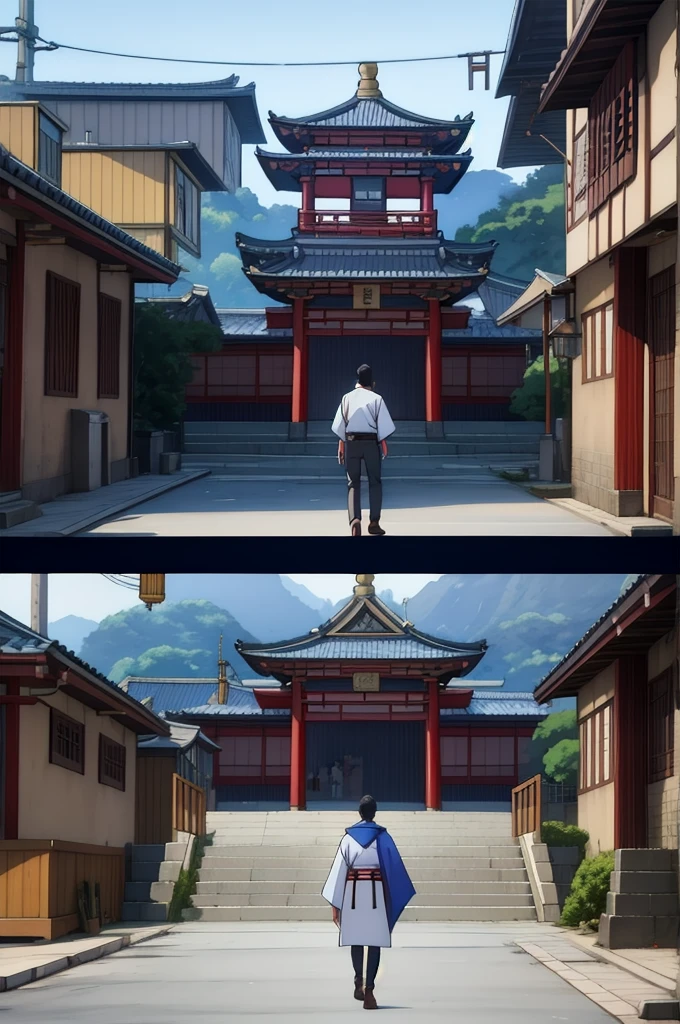 anime - style scene of a street with a man in a cape, Fantasy of Tsushima, traditional japanese conceptual art, city China de ensueño, antigua city China, world of ax and blood, cyberpunk chinese temple, Concept art with 4k resolution., city China, arte conceptual 4k, arte conceptual 4k, conceptual art, concept art awesome atmosphere