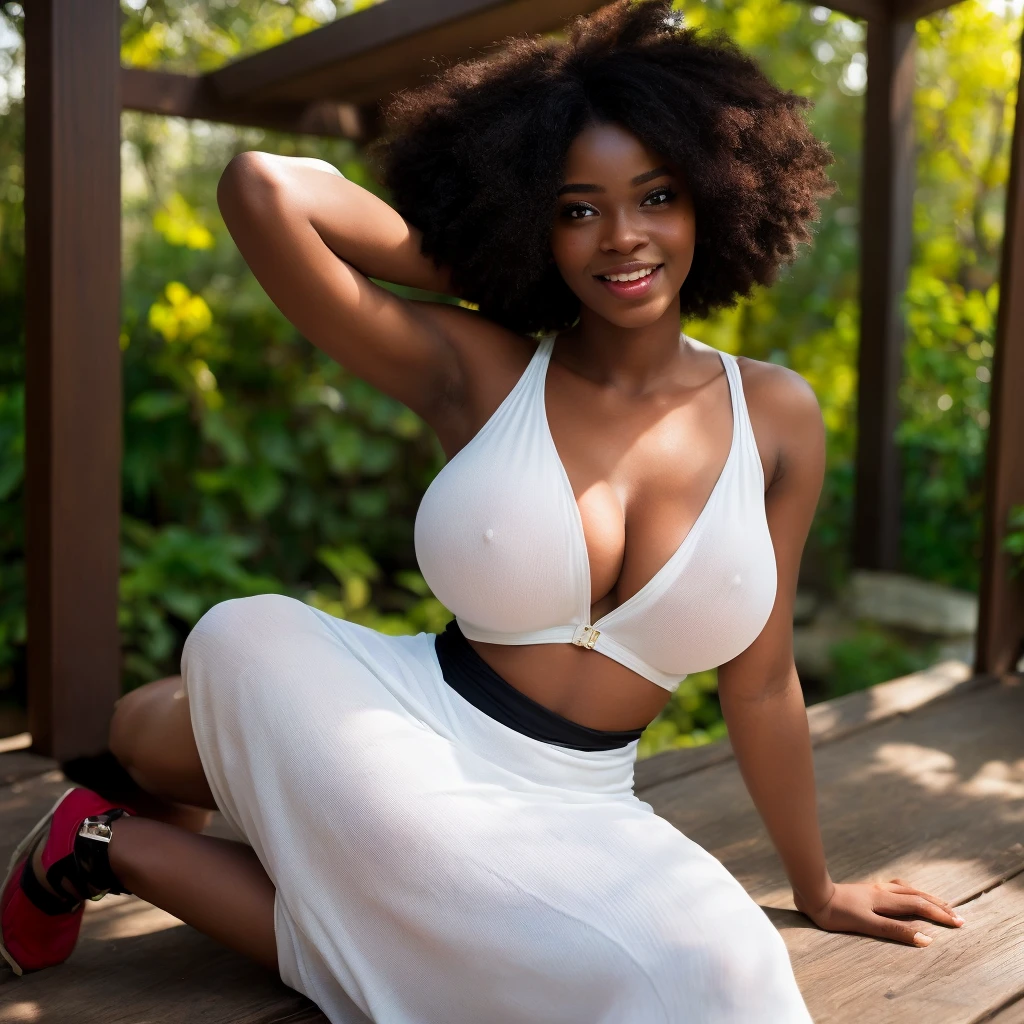 ONE GIRL. best quality, ultra-detailed, hyper realistic, 8k, full body shot, 23 years old, Nigerian beautiful girl, round shaped face, dark black skin, highly detailed skin with blemishes, ebony, dark natural afro hair, fit athletic figure, full body, big natural E cup breasts, wide hips, wearing sexy two piece white dress, cleavage, provocative expression, smiling, sexy alluring pose, natural sunlight touching her realistic skin, in a pergola in the afternoon