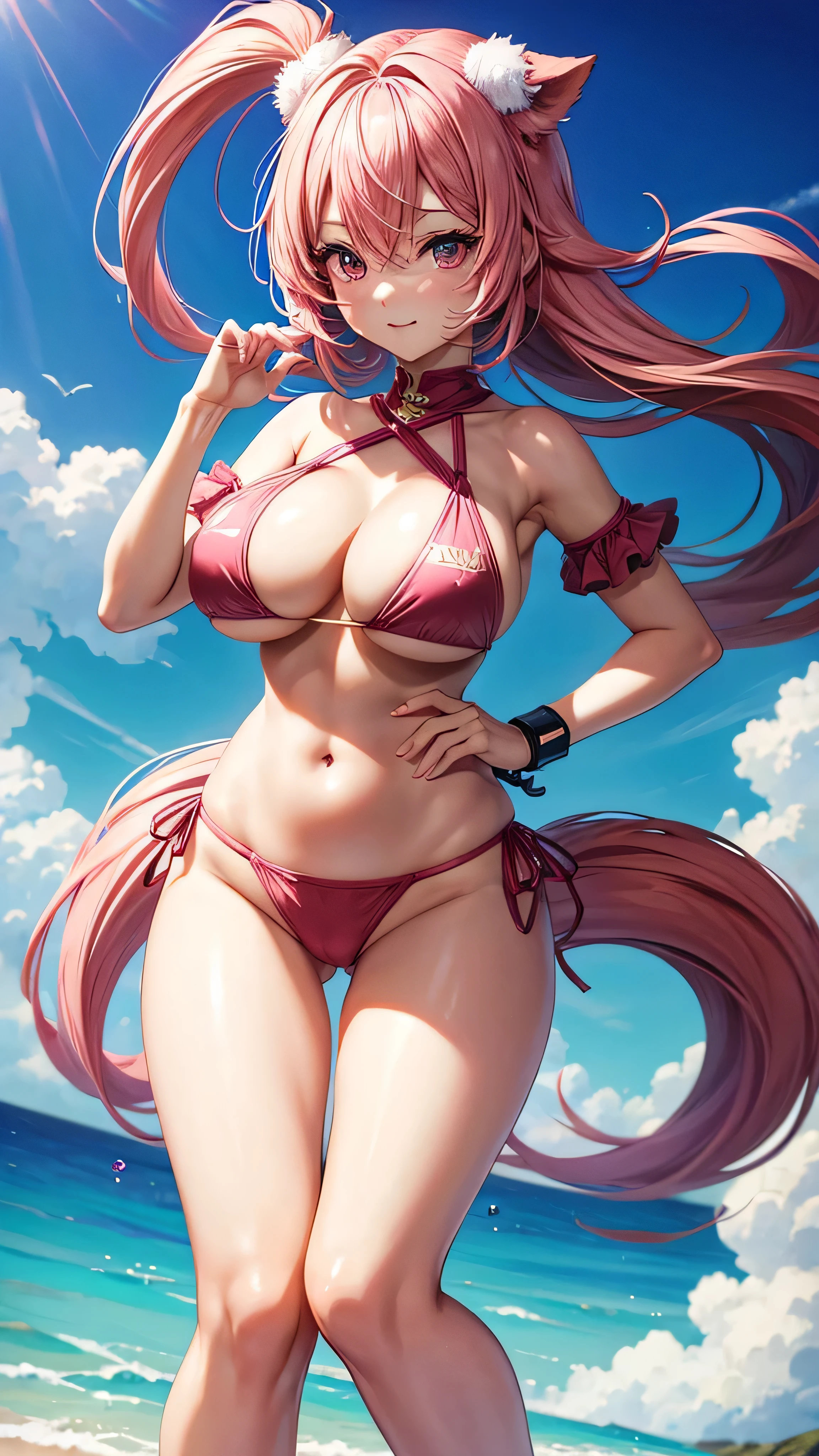 Animecharacter-girl-pinkhair-pinkeyes-glowingeyes-bikini-bigboobs-cuteandcharming-fullbodypic-sexygirl-hotgirl-littlechubby