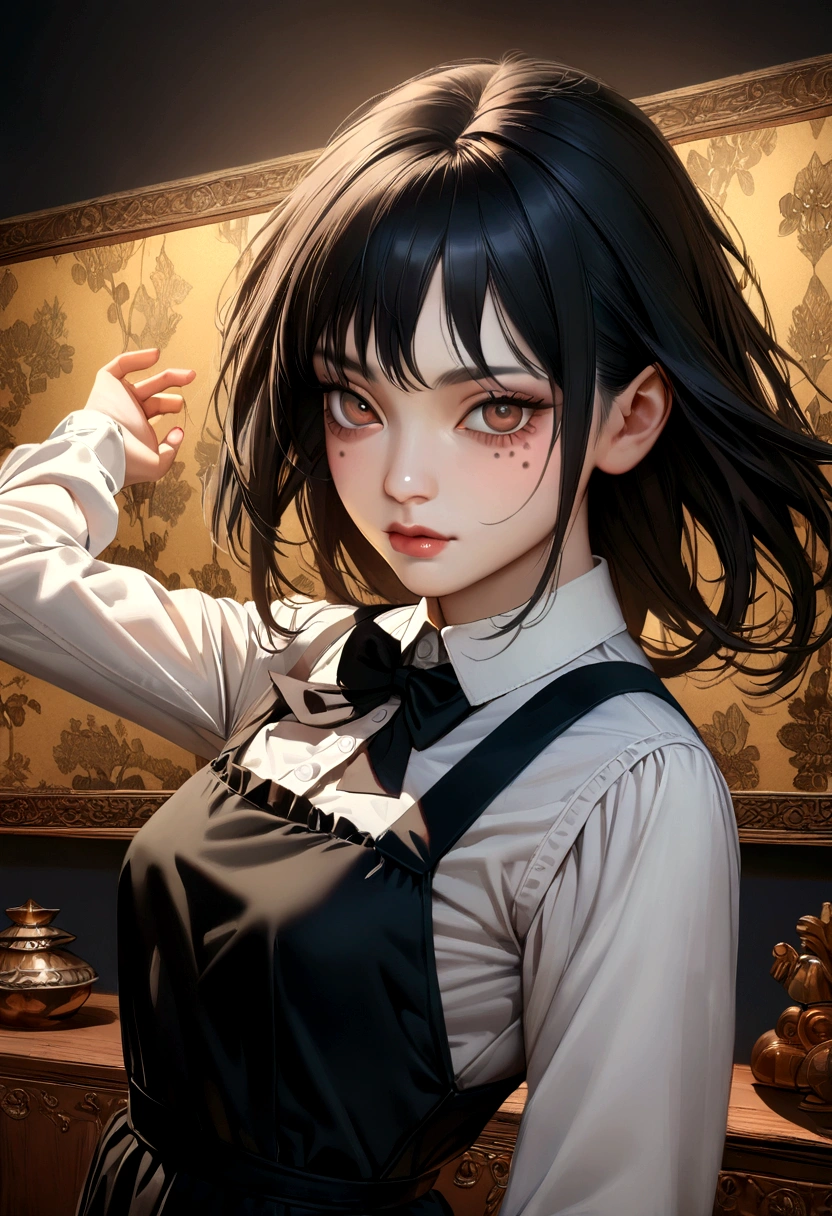 (hyper-realistic),(high resolution), (8K), (extremely detailed), (best illustration), Yoru ( Chainsaw Man ), (beautiful detailed eyes), (best quality), (ultra-detailed), (masterpiece), (wallpaper), (detailed face), solo, upper body, focus on face, 1 girl, long black hair, Korean, thin eyeshadow, well-detailed eyes, brown eyes, small moles under the eyes, long sleeve shirt, neck bow, small breasts, pinafore dress, dynamic pose, low lighting, night, dark, clouds, dark night