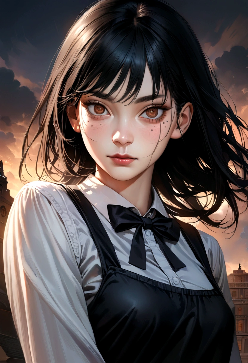 (hyper-realistic),(high resolution), (8K), (extremely detailed), (best illustration), Yoru ( Chainsaw Man ), (beautiful detailed eyes), (best quality), (ultra-detailed), (masterpiece), (wallpaper), (detailed face), solo, upper body, focus on face, 1 girl, long black hair, Korean, thin eyeshadow, well-detailed eyes, brown eyes, small moles under the eyes, long sleeve shirt, neck bow,  small breasts, pinafore dress, dynamic pose, low lighting, night, dark, clouds, dark night