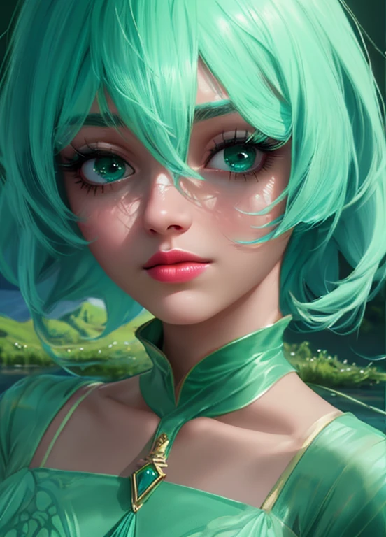 A beautiful girl with long hair, big eyes, wearing an elegant dress, standing in front of a lush green mountain landscape with a serene lake, (best quality,4k,8k,highres,masterpiece:1.2),ultra-detailed,(realistic,photorealistic,photo-realistic:1.37),extremely detailed face and eyes,long eyelashes,beautiful detailed eyes,beautiful detailed lips,green mountains,green water,intricate dress,dramatic lighting,cinematic,high fashion,elegant,serene