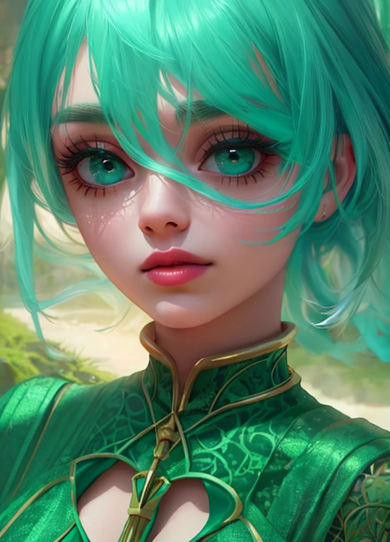 A beautiful girl with long hair, big eyes, wearing an elegant dress, standing in front of a lush green mountain landscape with a serene lake, (best quality,4k,8k,highres,masterpiece:1.2),ultra-detailed,(realistic,photorealistic,photo-realistic:1.37),extremely detailed face and eyes,long eyelashes,beautiful detailed eyes,beautiful detailed lips,green mountains,green water,intricate dress,dramatic lighting,cinematic,high fashion,elegant,serene