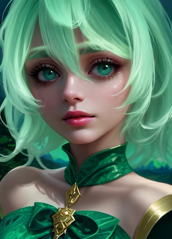 A beautiful girl with long hair, big eyes, wearing an elegant dress, standing in front of a lush green mountain landscape with a serene lake, (best quality,4k,8k,highres,masterpiece:1.2),ultra-detailed,(realistic,photorealistic,photo-realistic:1.37),extremely detailed face and eyes,long eyelashes,beautiful detailed eyes,beautiful detailed lips,green mountains,green water,intricate dress,dramatic lighting,cinematic,high fashion,elegant,serene