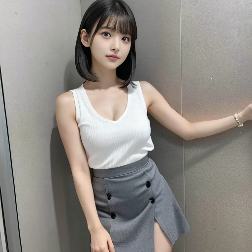 photos showing the entire body, including legs.
She is a very cute 20y Japanese pure-type heroine with idol-like qualities. She has fair skin, a slender body, and a typical neat, elegant appearance of a pure-type heroine.
She wears a simple yet torn, ripped and tattered sleeveless white V-neck top that highlights her upper chest line,
and a torn, ripped and tattered high-thigh-length very short gray mini-skirt.
Her hair is black, straight, styled in a half-up look with some hair tucked behind her ears.