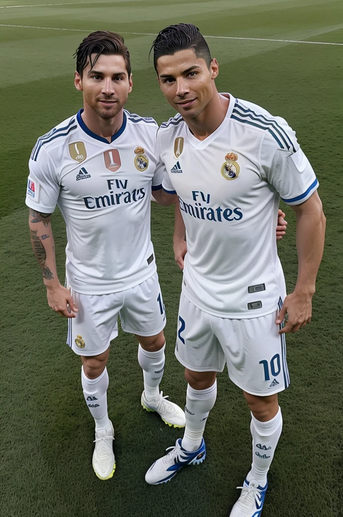 Leo Messi in real Madrid jersey with Cristiano Ronaldo also wearing real Madrid jersey in the same field