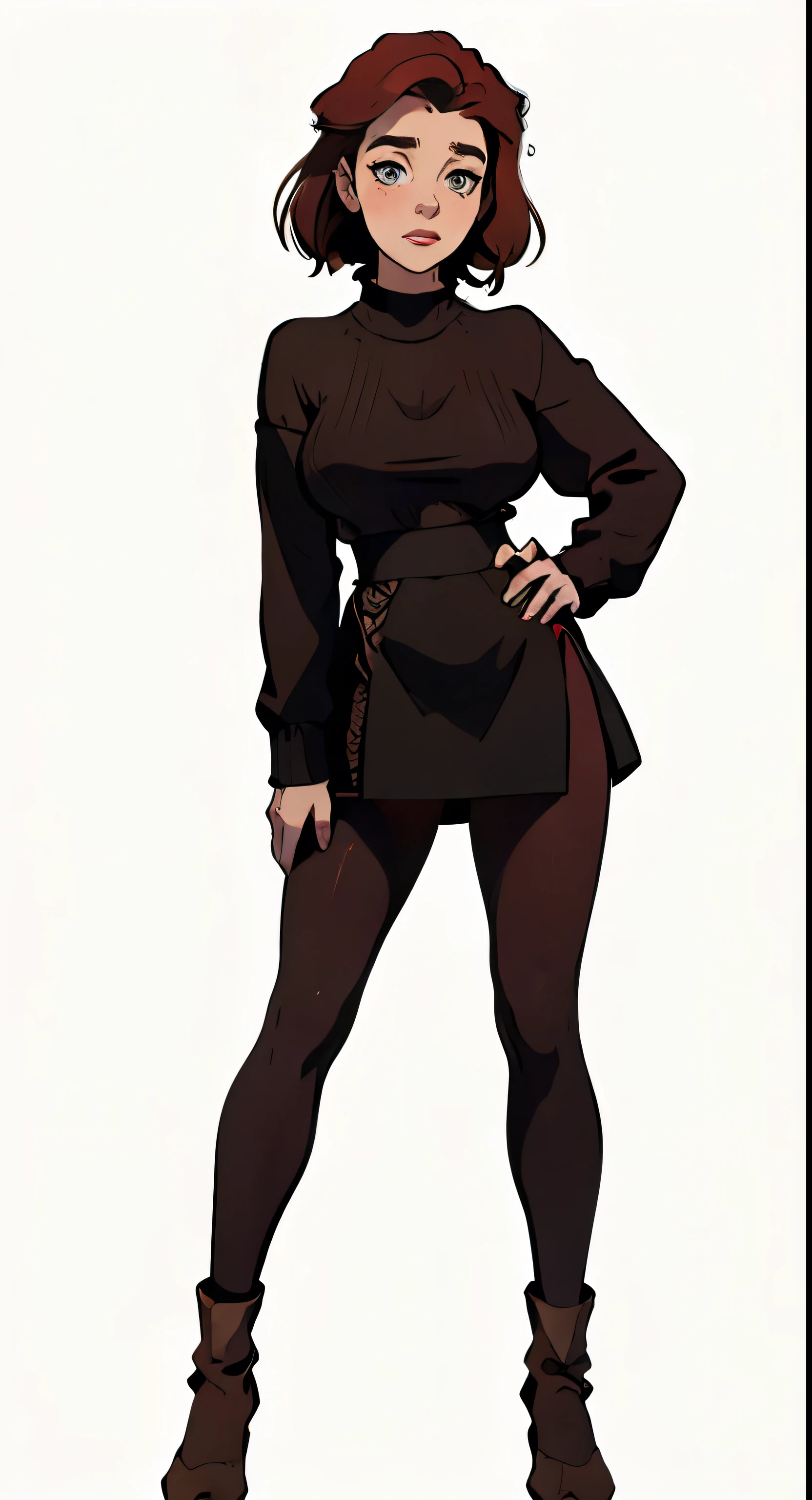 Fmasterpiece, best quality, full body,1girl,the highest image quality, 30-year-old mature woman, looks like Emilia Clarke with brown skin, red hair, short brown hair, light brown eyes, oversized sweater and black gym tights, large breasts, White background, empty background whole body , simply standing, happy expression
