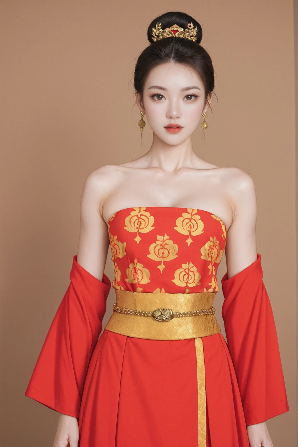 realistic,score_9, score_8_up, score_7_up, BREAK,
The image now features a woman with a darker complexion, wearing traditional Chinese attire. Her hair is styled in a classic bun, adorned with golden hair accessories and earrings. She wears a red dress with golden patterns, complemented by a yellow belt around her waist. The lighting is dim, suggesting an indoor setting, which adds a mysterious and intimate atmosphere to the scene. Her eyes are large and expressive, capturing the viewer's attention. The dim lighting accentuates her darker skin tone and the rich details of her traditional costume, creating a striking contrast with the red and gold. The golden patterns on her dress could represent specific symbols or motifs related to her status or the event's theme. The yellow belt adds a touch of elegance and serves as a striking contrast to the red and gold. Her confident gaze towards the camera conveys a sense of pride and a message she wishes to convey. The brown background serves to highlight the woman's figure and the rich details of her traditional costume, adding depth and texture to the image.
