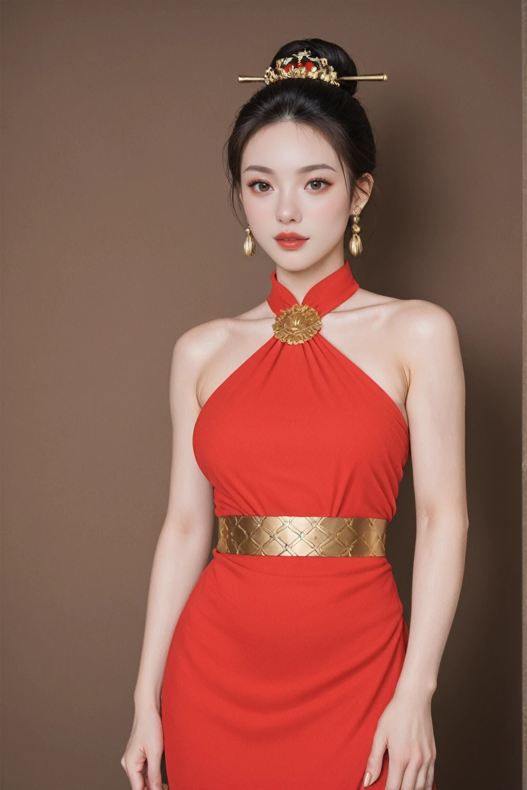 realistic,score_9, score_8_up, score_7_up, BREAK,
The image now features a woman with a darker complexion, wearing traditional Chinese attire. Her hair is styled in a classic bun, adorned with golden hair accessories and earrings. She wears a red dress with golden patterns, complemented by a yellow belt around her waist. The lighting is dim, suggesting an indoor setting, which adds a mysterious and intimate atmosphere to the scene. Her eyes are large and expressive, capturing the viewer's attention. The dim lighting accentuates her darker skin tone and the rich details of her traditional costume, creating a striking contrast with the red and gold. The golden patterns on her dress could represent specific symbols or motifs related to her status or the event's theme. The yellow belt adds a touch of elegance and serves as a striking contrast to the red and gold. Her confident gaze towards the camera conveys a sense of pride and a message she wishes to convey. The brown background serves to highlight the woman's figure and the rich details of her traditional costume, adding depth and texture to the image.