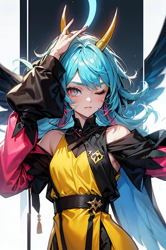 1 Female, arc, bright colors, half brightness, half darkness, 1 horn on head, 1 eye closed by little wing from ear like arc