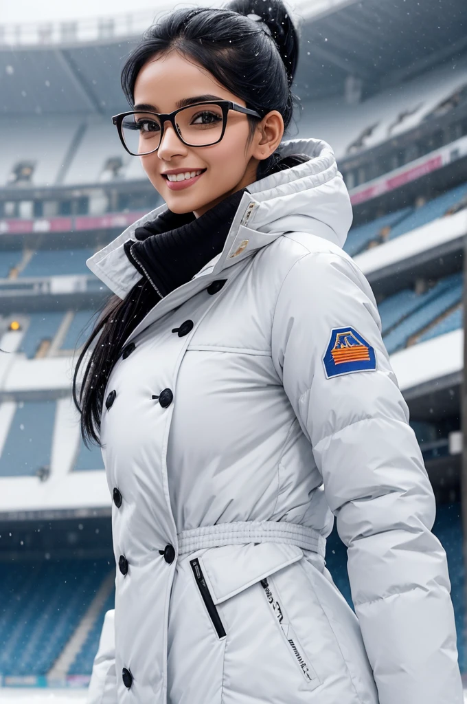 beautiful 25 year old woman from New Delhi, black ponytail hair, very attractive, smile, toned athletic body, wearing glasses, wearing white winter coat at snowy football stadium