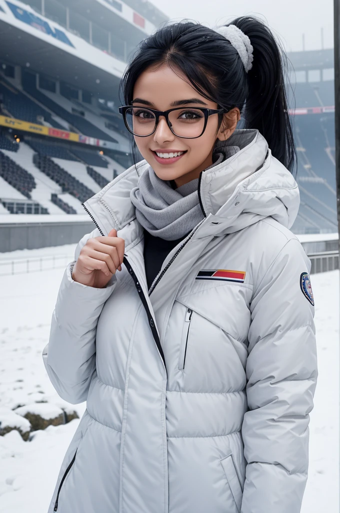 beautiful 25 year old woman from New Delhi, black ponytail hair, very attractive, smile, toned athletic body, wearing glasses, wearing white winter coat at snowy football stadium