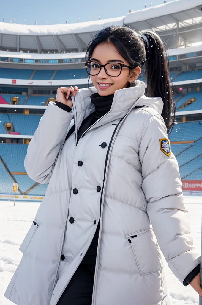 beautiful 25 year old woman from New Delhi, black ponytail hair, very attractive, smile, toned athletic body, wearing glasses, wearing white winter coat at snowy football stadium