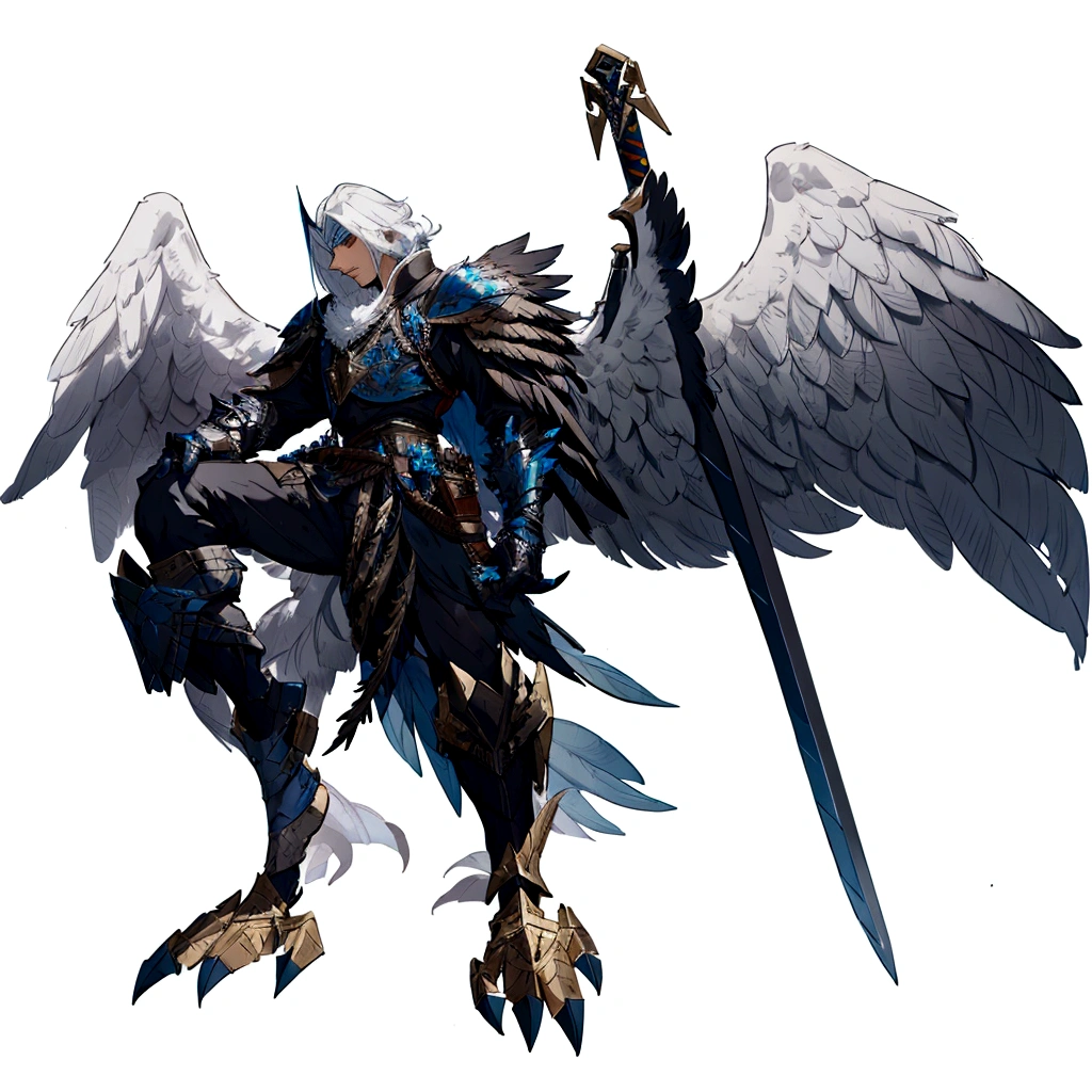 a close up of a bird person holding a sword, black aarakocra eagle warlord, from pathfinder, gryphon, with large wings, armor angle with wing, as a badass monster hunter, in monster hunter armor, official character art, jrpg character art, anthropomorphic raven knight, avian warrior, ( ( character concept art ) )