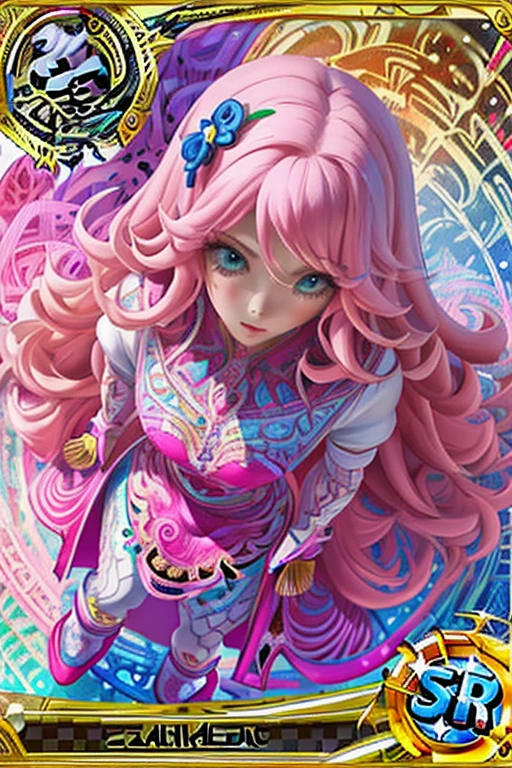 Trading card of ((masterpiece:1.2, highest quality)), Super detailed, Super precise depiction, Super detailed depiction, (zentangle:1.2), (dynamic pose), (abstract background:1.5), wavy long hair, pink hair, 1 girl, colorful, portrait, (From above:1.2)