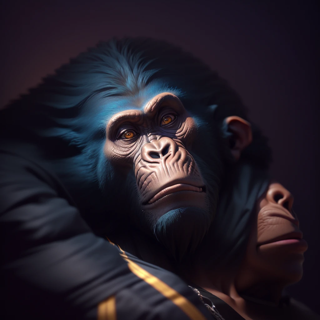 a close up of a gorilla with a large head and a large body, 3 d ape shaman profile portrait, bored ape nft, in style of primal apes, arnold maya render, subject= chimp, subsurface scattering skin, like gorilla, 8 k ultra realistic animal, marmoset render, inspired by Alex Petruk APe, epic 3 d omolu