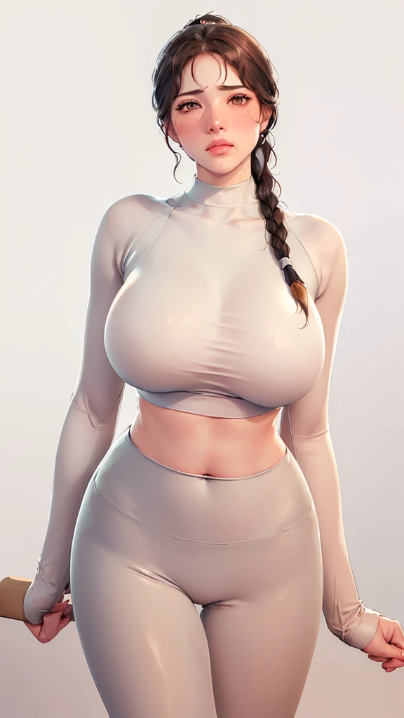 (((Perfect body,White and tender skin,(((Black yujiasuit, yoga pants, yoga long sleeves))),(((brown eyes, braid, long hair, braided ponytail, single braid, hair over shoulder, bangs, blush, lips))),((masterpiece)),highres,((Best quality at best)),masterpiece,quality,Best quality,((( Exquisite facial features,Looking at the audience,There is light in the eyes,(((frown,blush)))fitness,sports,))),(((Light and shadow,Huge breasts,))),(((Looking at the camera,White background))))