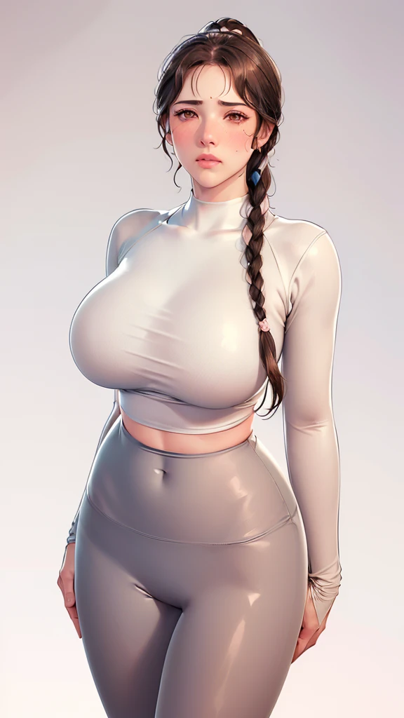 (（（Perfect body,White and tender skin,（（（Black yujiasuit, yoga pants, yoga long sleeves）））,（（（brown eyes, braid, long hair, braided ponytail, single braid, hair over shoulder, bangs, blush, lips）））,((masterpiece)),highres,((Best quality at best)),masterpiece,quality,Best quality,(（（ Exquisite facial features,Looking at the audience,There is light in the eyes,(（（frown，blush）））fitness，sports，）））,（（（Light and shadow,Huge breasts,）））,（（（Looking at the camera,White background)））)