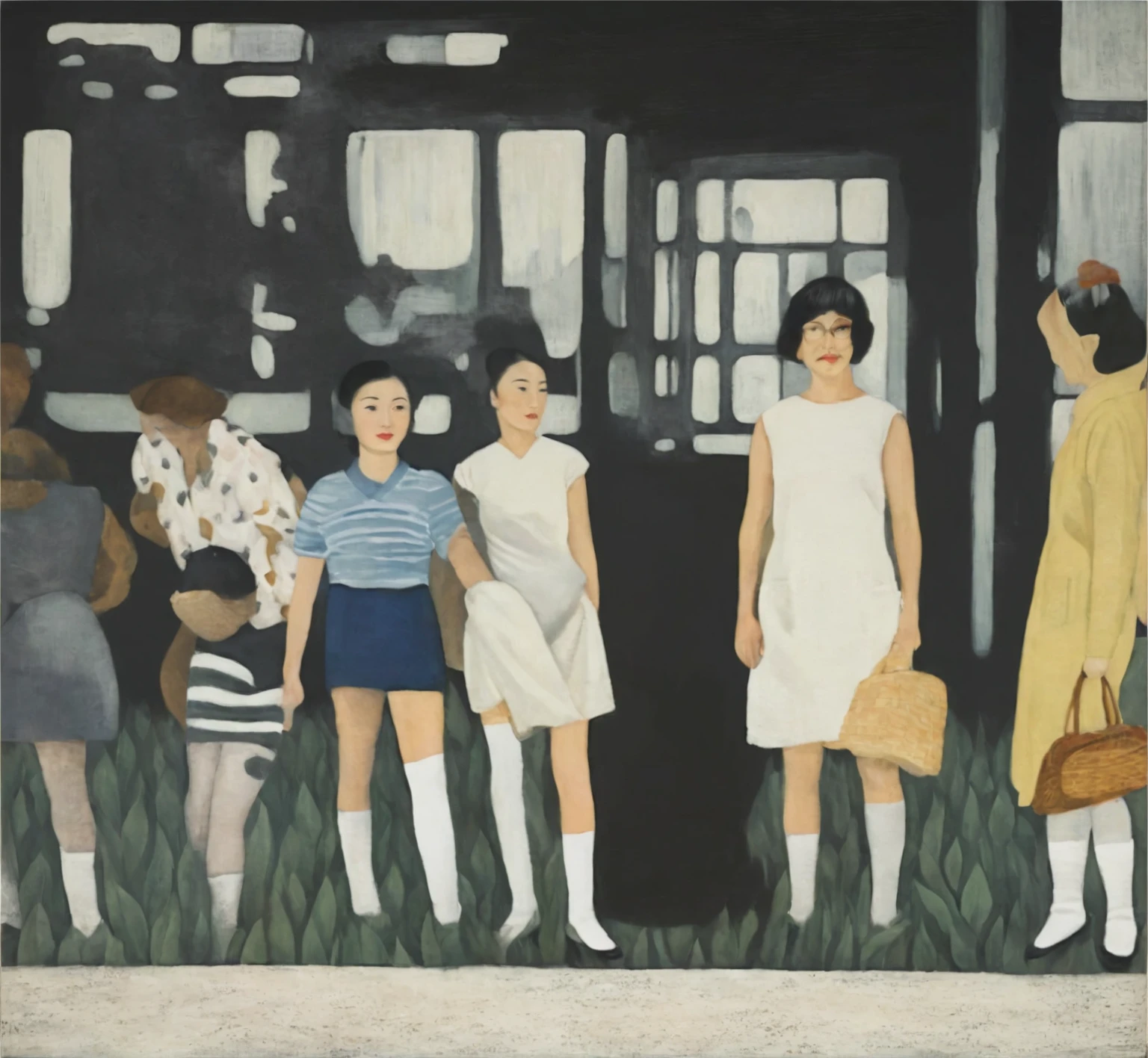 painting of a group of women standing in front of a building, inspired by Zhang Xiaogang, by Kamisaka Sekka, jin kim, by Kiyohara Tama, inspired by Riusuke Fukahori, by Riusuke Fukahori, by Chizuko Yoshida, by Mei Qing, by Shinoda Toko