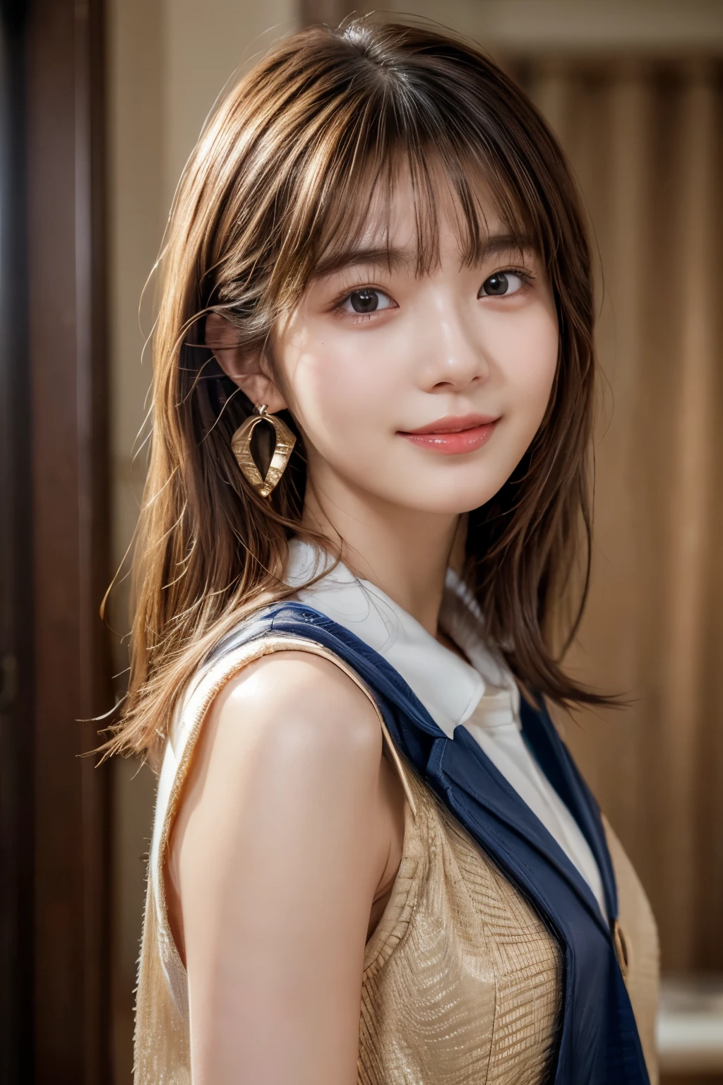 Upper Body、Beauty、Well-formed face、20-year-old、Uniform eyes、Small face、, light brown hair, hair over shoulder, parted bangs, straight hair, expressive hair, shiny hair, earrings, seductive smile, Surrealism, cinematic lighting, first-person view, pov, f/1.2, Nikon, UHD, textured skin, best quality, highres, 8k