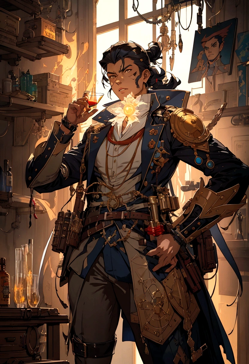 a close up of a person holding a glass in a room, kawacy, jc leyendecker and sachin teng, guilty gear strive splash art, great character design, steampunk concept art, trending on artstation pixiv, by Ryan Yee, from pathfinder, he is in a alchemist lab, in the style of sachin teng, greg tocchini, by Yang J