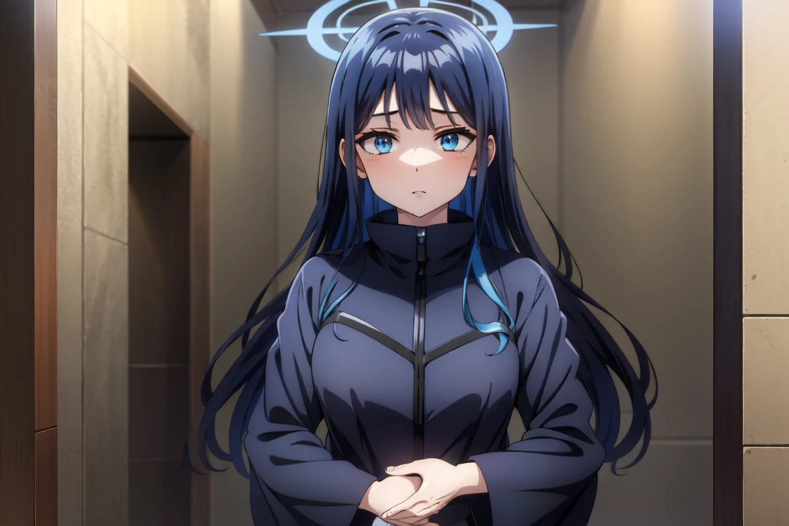 1girl,solo, saorijoumae, saori joumae, blue eyes, blue hair, halo, long hair, black jacket with high neck, black pants, cursed energy, japanese school