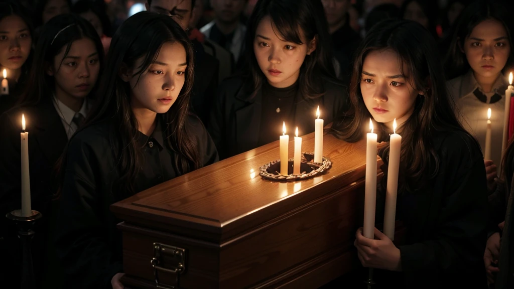 17 year old girl carrying her mother in the coffin, black and red candles, scary night, terror