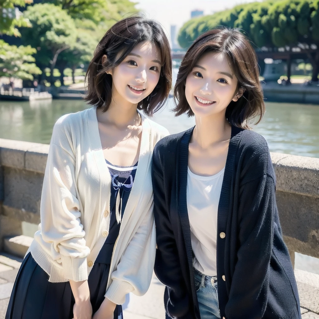 Two Japanese women taking photos in a park along the Sumida River in Japan、She is a 27-year-old woman.、Loose, Fluffy short hair and lob hair、One was a 31-year-old woman.、The chest is small、There is a dark brown lobe、the two are having fun、、small、Modest chest、Street Snap、Adult Women's Plain Clothes、Sailor suit、cardigan、Transparent feeling、Beautiful woman、Look at me with a smile、Gazing at each other