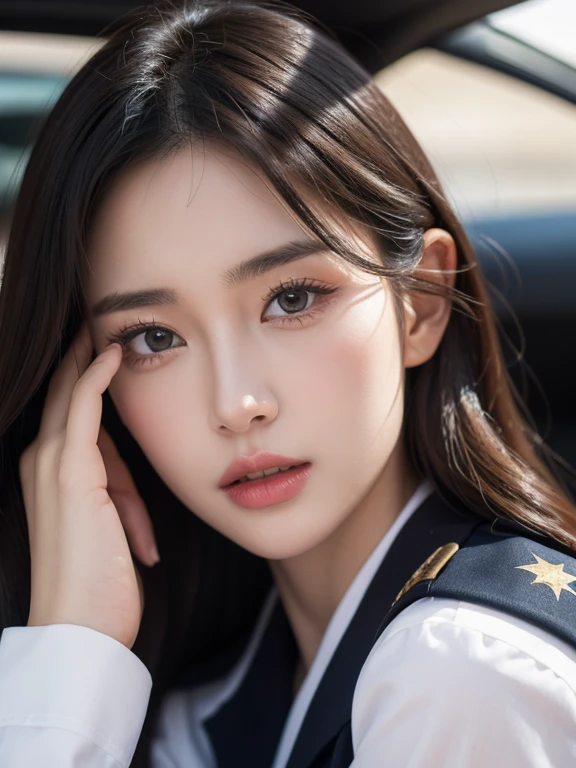 a beautiful woman in a pilot's uniform, a gorgeous female pilot, a beautiful girl, a stunning woman, a graceful woman in a mini skirt, detailed eyes, detailed lips, extremely detailed face, long eyelashes, slender waist, hyperrealistic, photorealistic, 8k, best quality, masterpiece, ultra-detailed, physically-based rendering, vivid colors, dramatic lighting, beautiful portrait, elegant fashion illustration