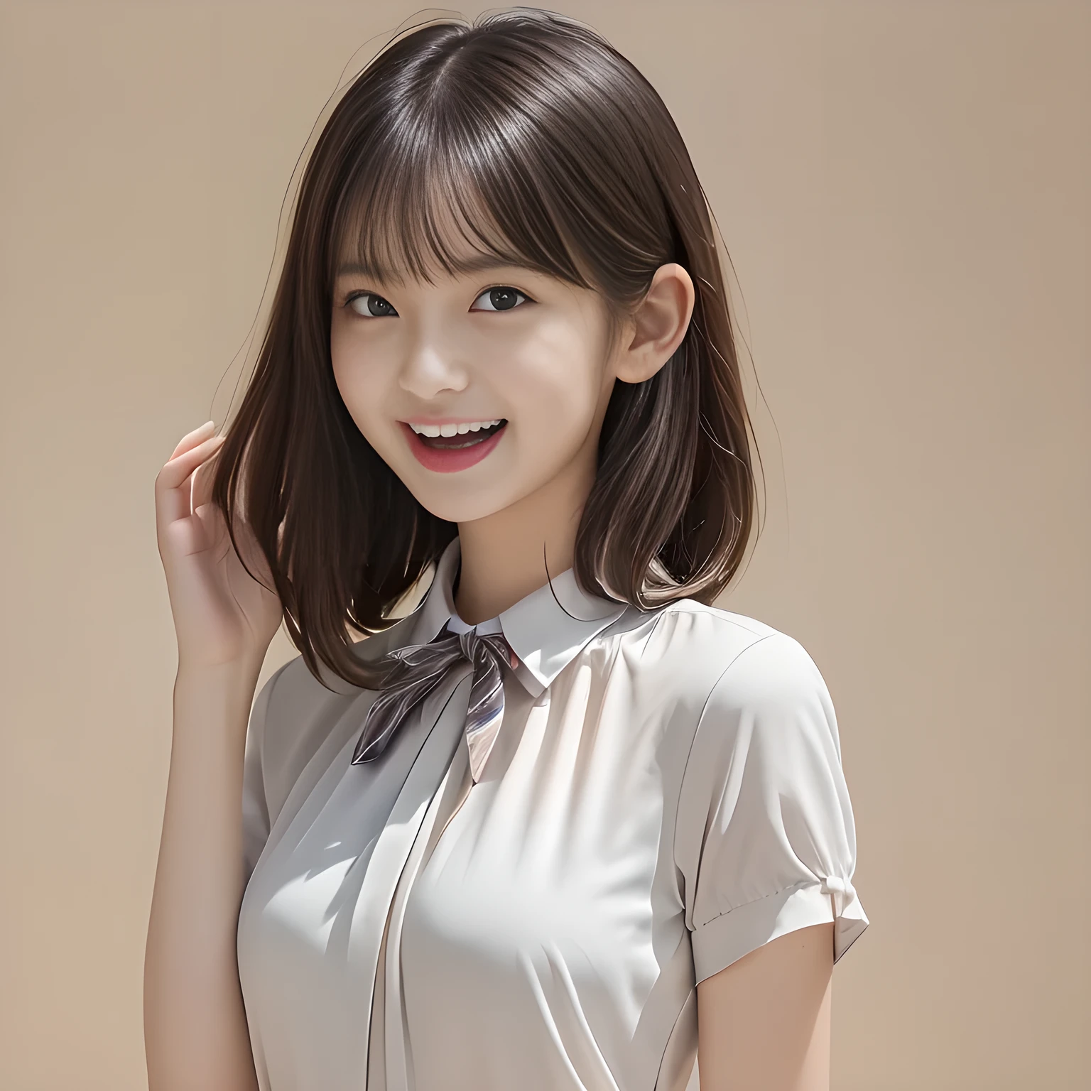 (highest quality, masterpiece:1.2), highest quality, High resolution, 1080P, 8K, Height: 158cm, ((A very intelligent, very noble, pretty and neat Japanese beautiful girl fashion model. 16 years old. Looking at the audience. Realistic fashion model)), ((((White face with plump cheeks)))), Glossy lips, (Evenly cut bangs), ((Very beautiful dark eyes)), The very large, shiny, wide red ribbon bow-tie on her chest is very cute., ((Black Hair)), ((a little waved very short bobbed hair)), (((Cream colored blouse))), A neat uniform, Very lustrous, glossy lips, Open hand over open mouth, Beautiful hair like a hair model, Cream colored long skirt, Watching the viewer and laughing, ((Incredibly well organized, The expression is rich. plump and beautiful skin and face)), ((Pure and clear eyes)), Long eyelashes, ((laughing at me!)), A ruffled blouse will highlight the shadows., Glossy Lips, Advertisement of Japanese girl's neat school fashion, ((noble and neat)), ((((fascinating like succubus)))), ((pinky background))